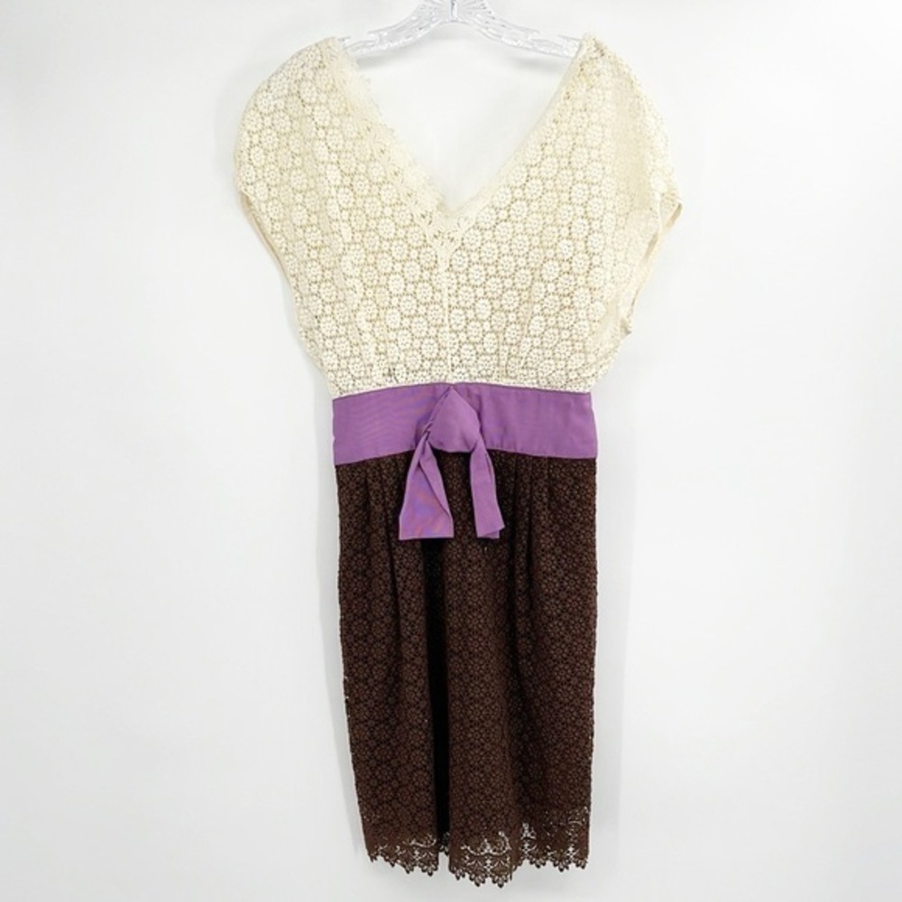 Milly Crochet Lace V-Neck Dress size 0 Brown Cream Purple